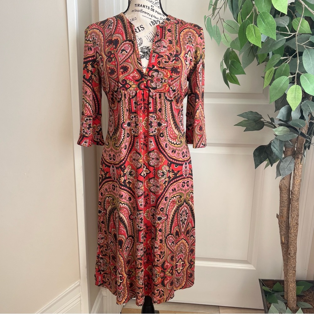Nieves Lavi Silk Flare Sleeve Paisley Print Shift Dress Red Sz 6